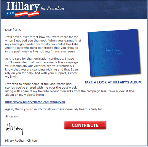 I haven't figured out why Hillary is thanking me.  