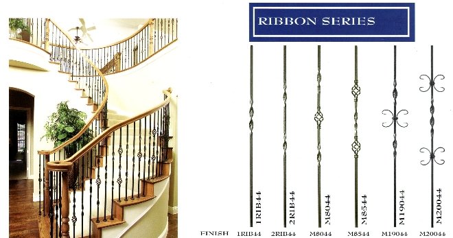 RIBBON IRON STAIR BALUSTERS with the 6010 red oak handrail a double bull-nose starting step