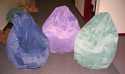 Purple, green and blue bean bags